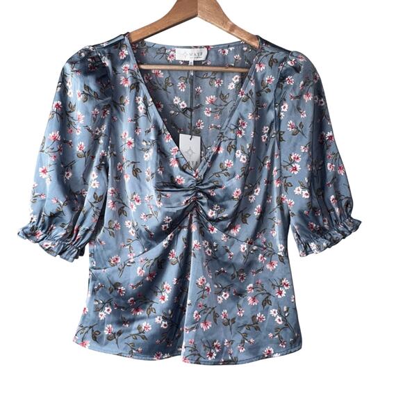 WAYF Dusty Blue Floral Puff Sleeve Top | Size Small | NWT - Picture 1 of 6